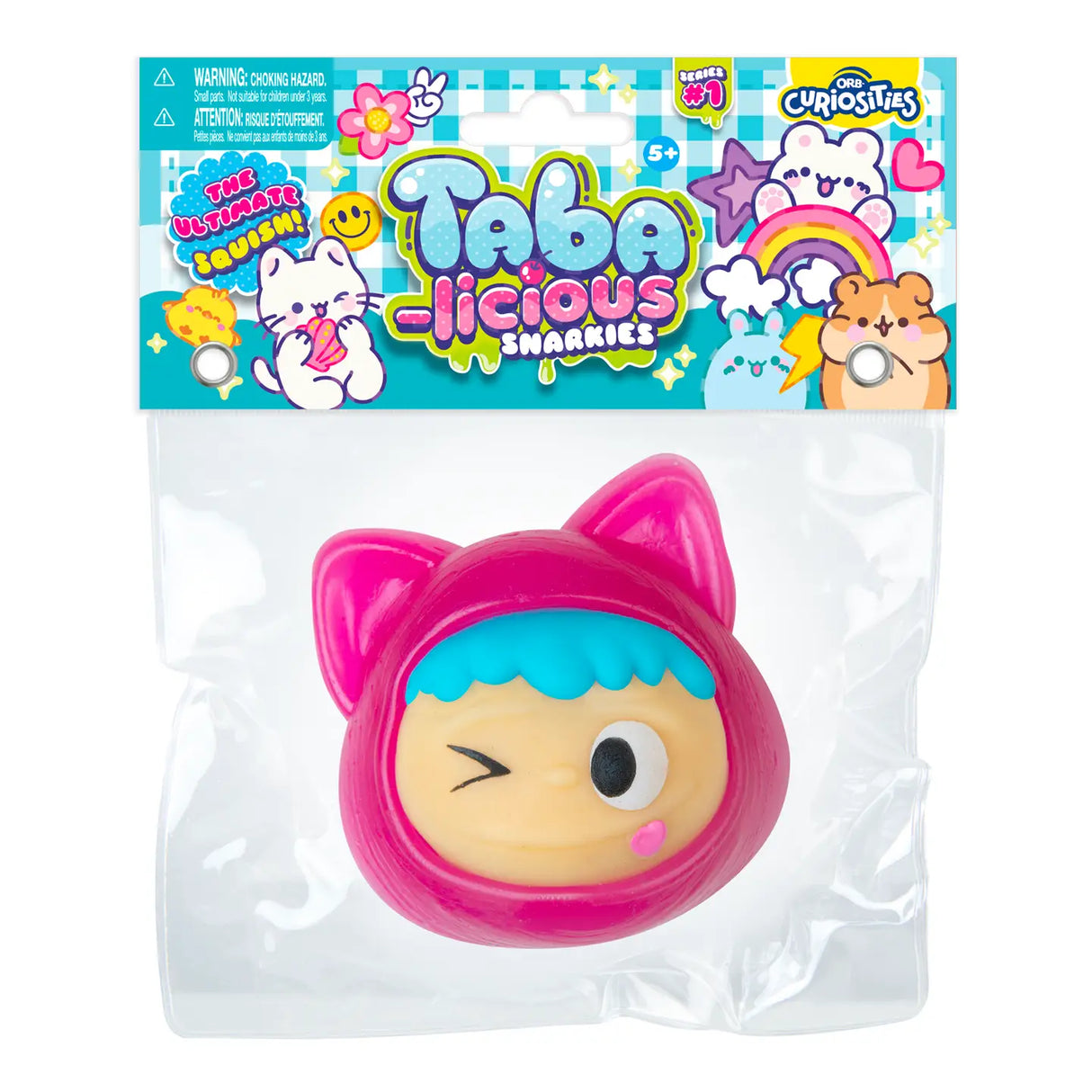 Taba-licious Snarkies Squishy in pink cat hood winking face, packaged fidget toy for hands-on fun and stress relief.
