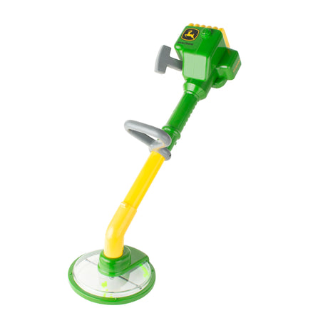 John Deere Weed Trimmer toy in green and yellow toddler-safe plastic with pull cord and button for weed clipping action.