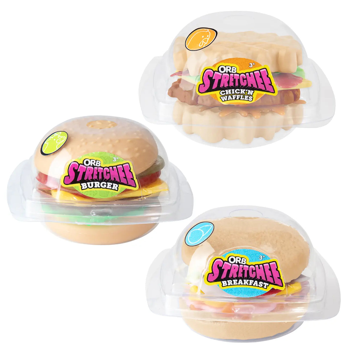 Stretchee Foodz Secret Menu Squishy featuring burger, chicken and waffles, and breakfast sandwich styles in clear cases.