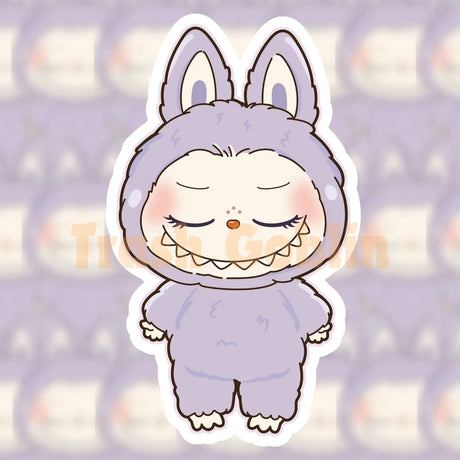 Closed-eyed Labubu character in a pastel purple onesie with bunny ears, smiling softly on a vinyl sticker.