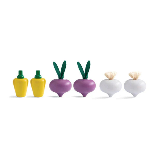 Fresh Produce Set | Radishes, Garlics & Yellow Bell Peppers toy with two yellow peppers, two purple radishes, and two white garlic bulbs.