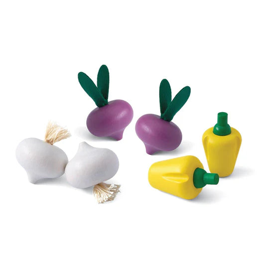 Fresh Produce Set | Radishes, Garlics & Yellow Bell Peppers wooden toy vegetables for pretend play and healthy habits.
