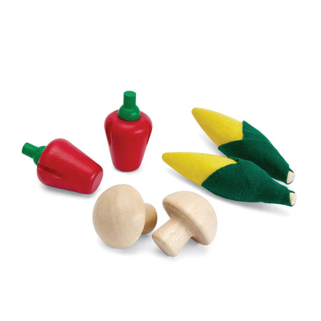Fresh Product Set | Corns, Mushrooms & Red Bell Peppers wooden toys for imaginative play and healthy habits.