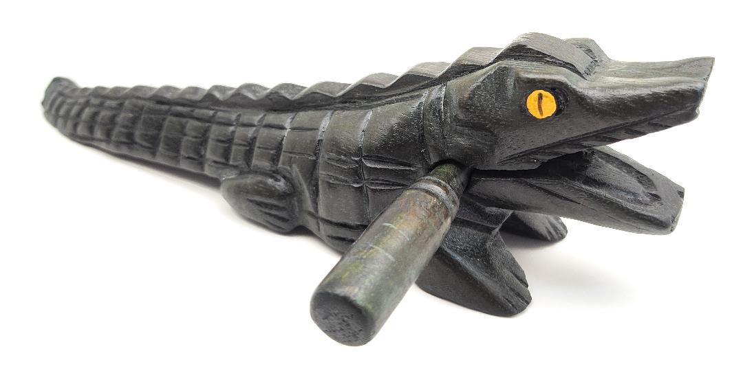 Wooden Croaking Alligator dark green carved waxed wood drum rasp with mallet stick for gator sound effect.