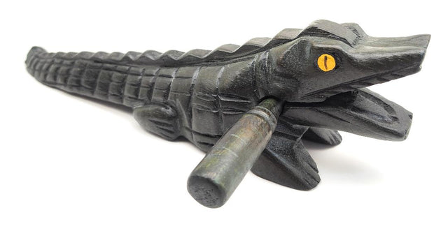 Wooden Croaking Alligator dark green carved waxed wood drum rasp with mallet stick for gator sound effect.