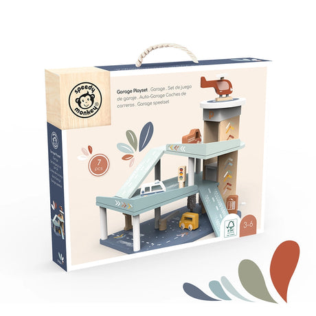 Wooden garage playset box featuring a multilevel ramp, wooden cars, and a helicopter for imaginative play ages 3 to 6.