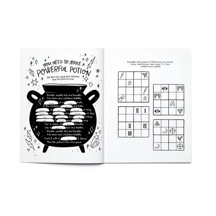 Open pages of a magical activity book featuring a potion puzzle and fun symbol-matching games for creative kids.