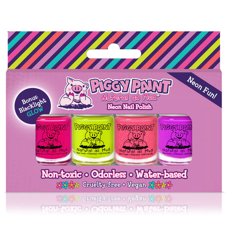 Nail Polish Neon Set with four bright neon mini polishes that glow under blacklight, non-toxic and vegan safe.