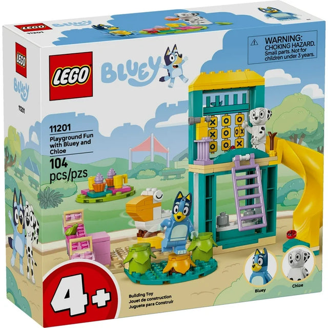 LEGO set featuring Bluey and Chloe playground with slide, ladder, tic-tac-toe game, and rotating pelican ride for kids 4+