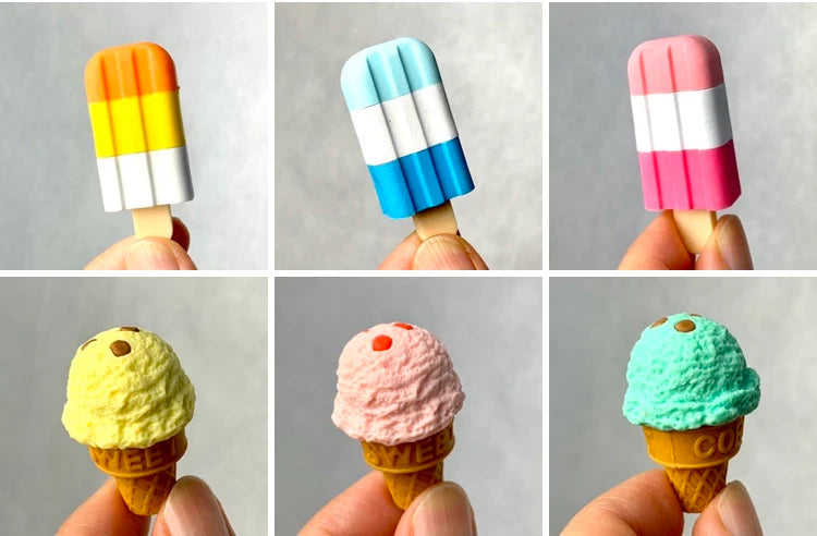 Japanese Eraser Ice Cream in assorted colors, detachable erasers shaped like ice cream popsicles and cones, held by hand.