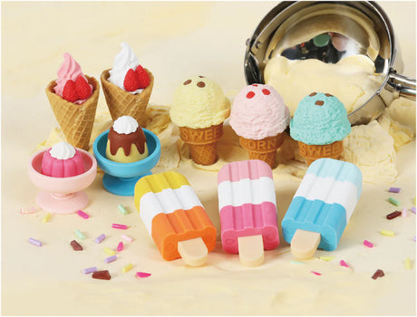 Japanese Eraser Ice Cream set with assorted colorful erasers shaped like ice cream cones and popsicles on creamy background.