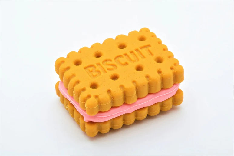 Japanese Eraser Cake shaped like a miniature biscuit with pink cream filling, small and adorable for kids aged 3 and up.