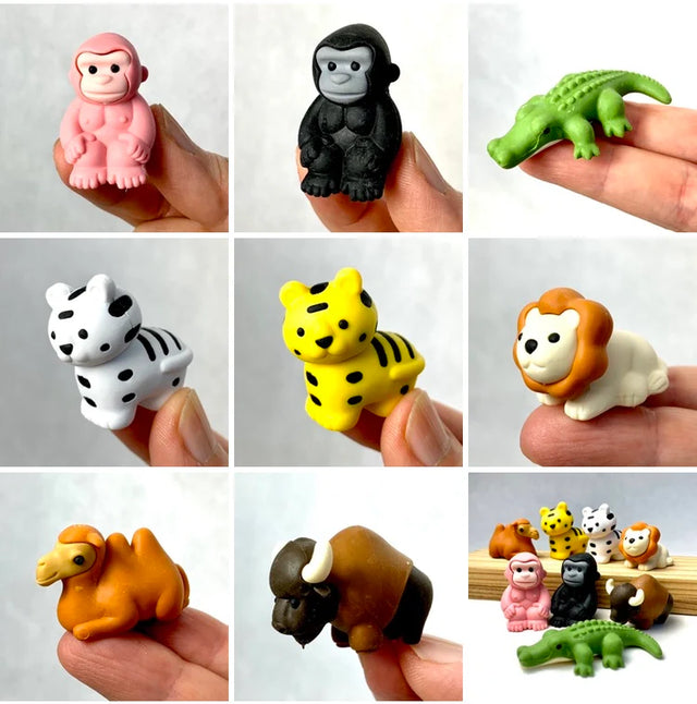 Japanese Eraser Safari featuring colorful animal puzzle erasers including gorillas, crocodile, tigers, lion, camel, and bison.