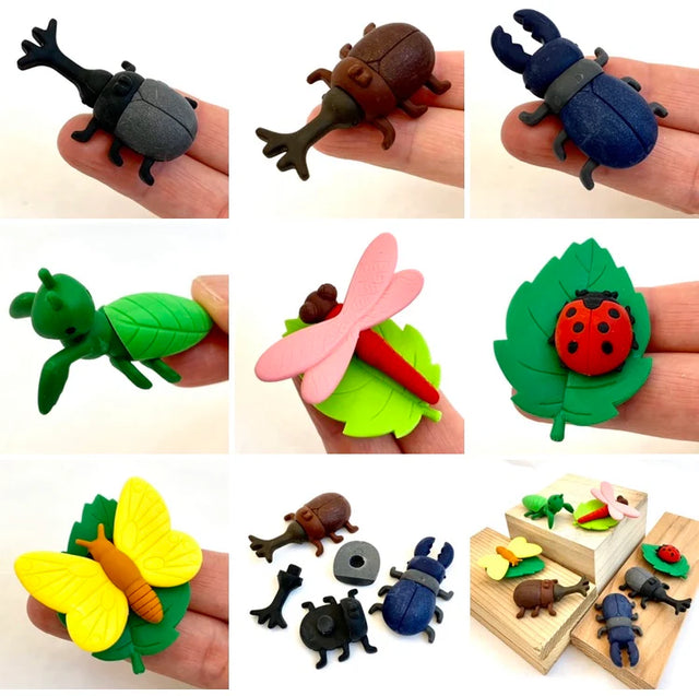 Japanese Eraser Insect set with cute, colorful bugs and leaves that can be taken apart and reassembled.