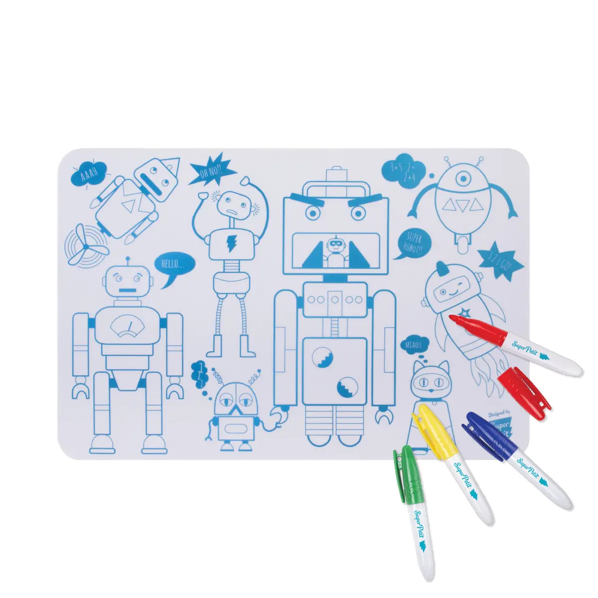 Mini Play Mat Robot reversible silicone drawing mat with blue robot designs and four colorful markers for kids.