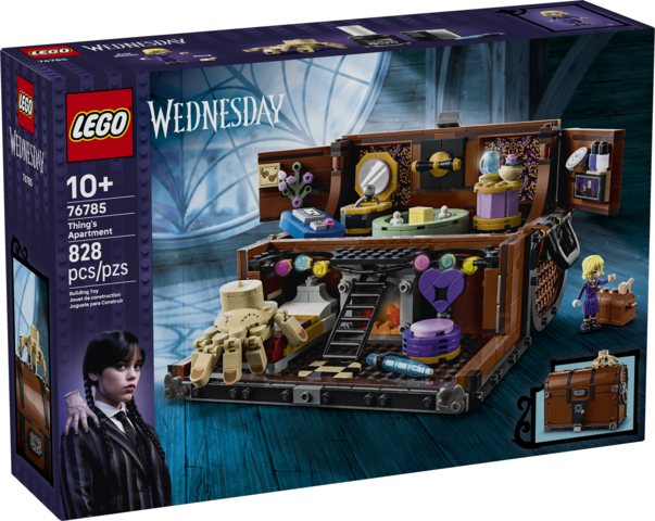 Detailed toy trunk house set with living areas, minidoll figures, and accessories inspired by Wednesday Thing’s Apartment.