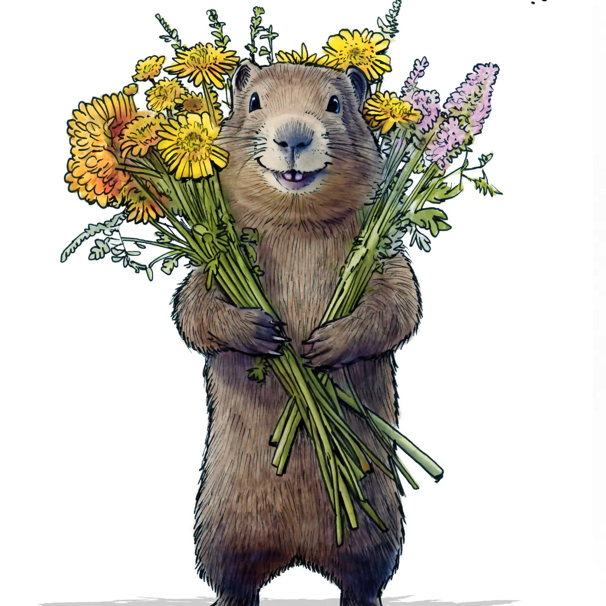 Wild Smile Groundhog Card featuring a happy groundhog holding colorful wildflowers bouquet.