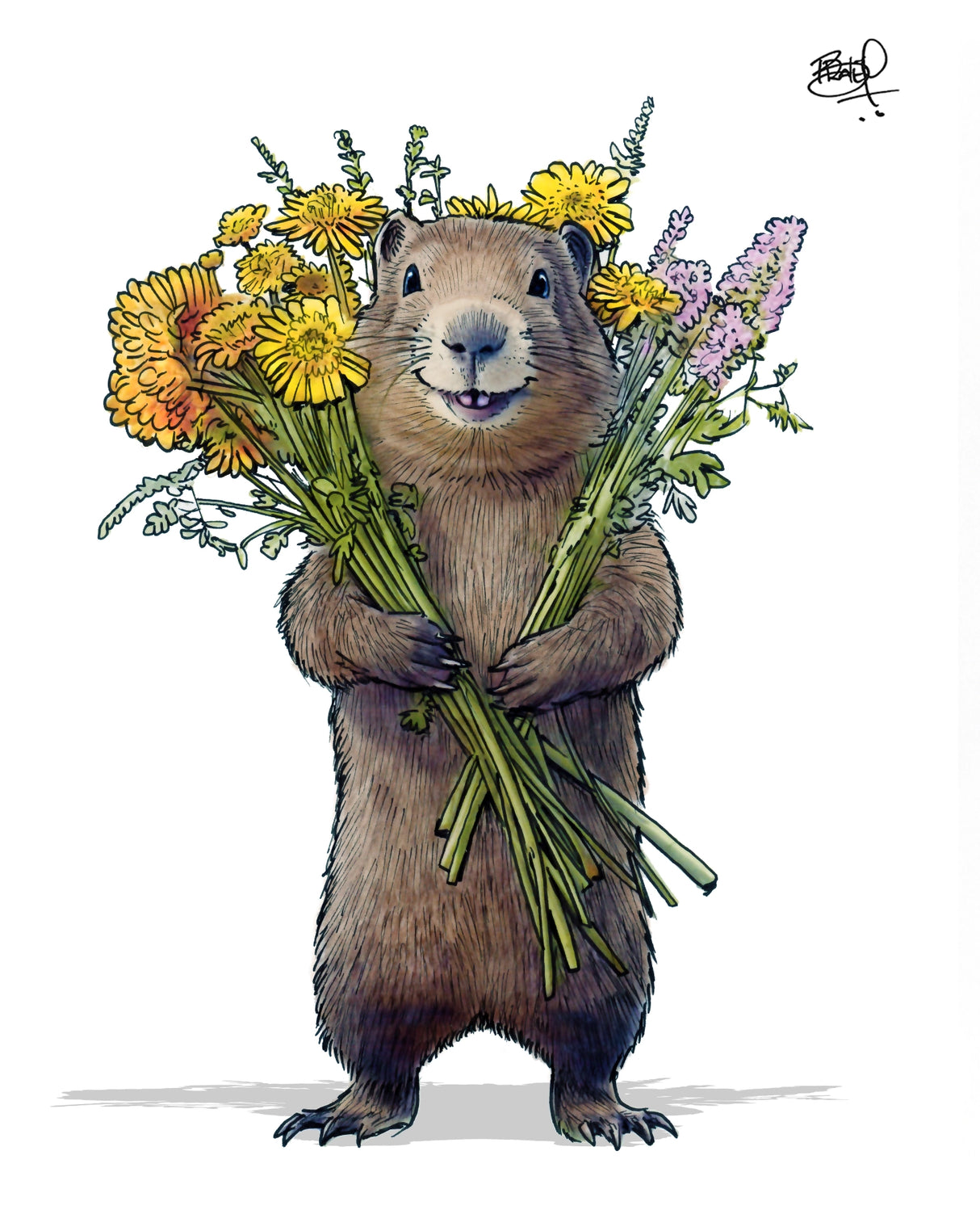 Wild Smile Groundhog Card features a cheerful groundhog holding bright yellow and purple flowers on a white background.