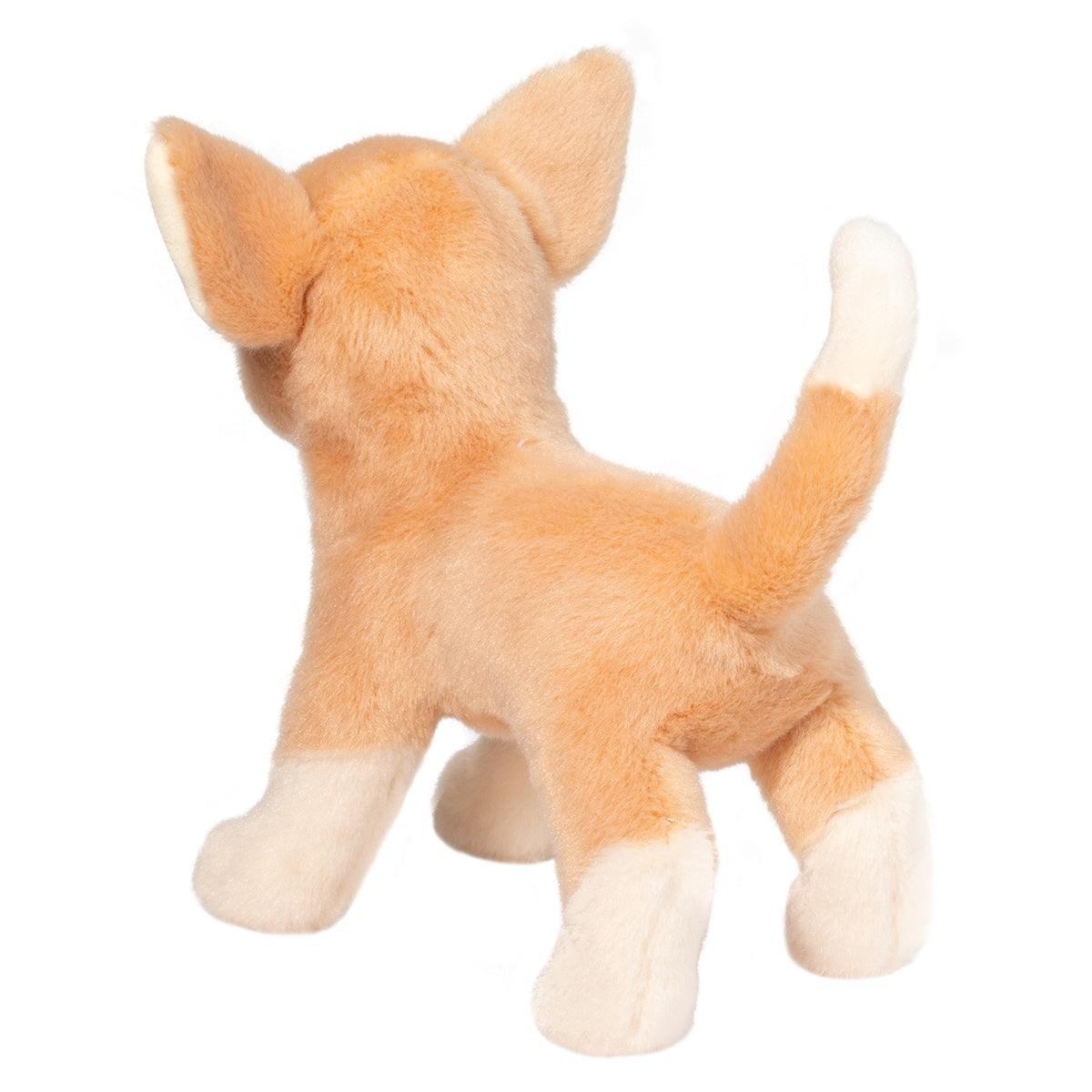 Chihuahua Chichi plush toy showing soft tan and creamy coat with large ears and raised tail from the back view.