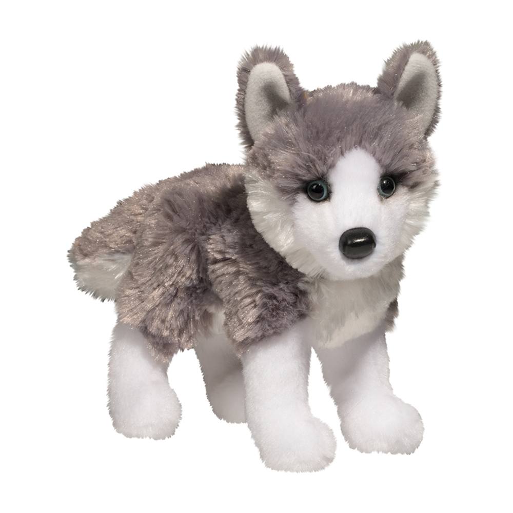 Husky Nikita plush toy with soft gray and white fur, blue eyes, and a standing pose for cuddles and adventures.