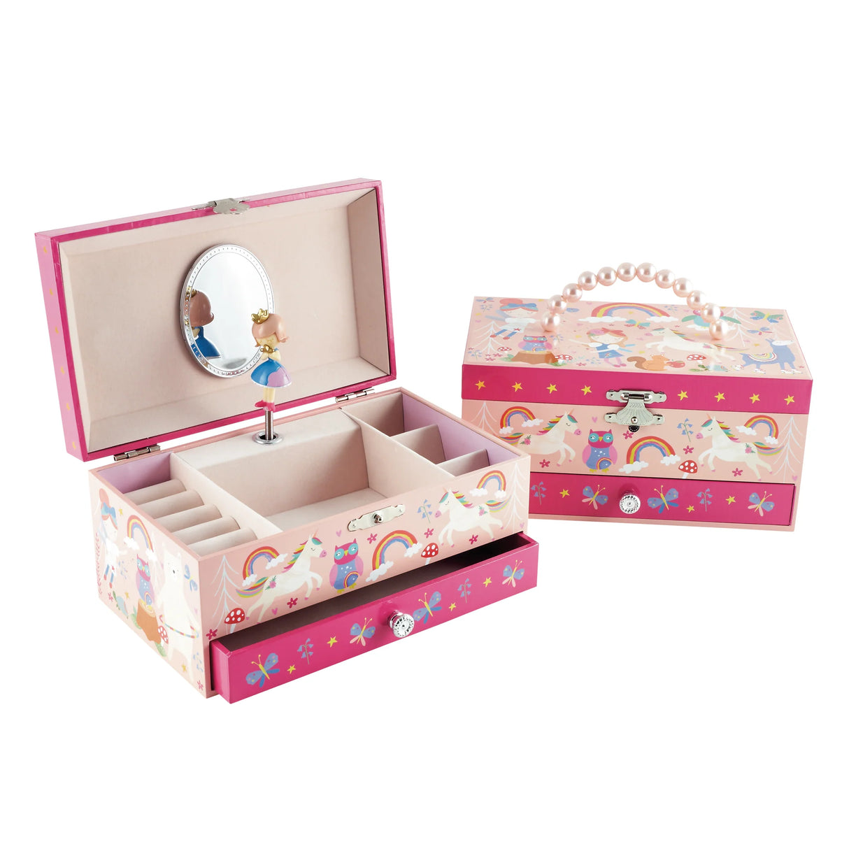 Jewelry Box | Rainbow Woodland with fairy twirling, pearl handle, drawer, and colorful woodland design for kids.