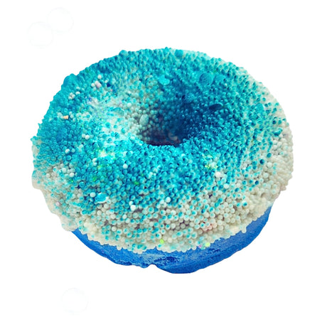 Donut Birthday Cake Bath Bomb in blue and white with textured sprinkles, a fun and relaxing vanilla cake scented treat.