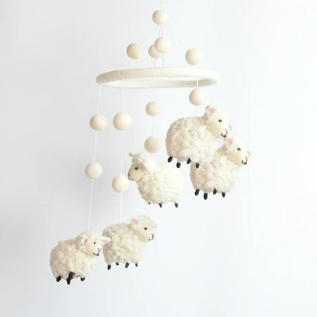Felt Mobile | Sheep with handmade wool sheep figures hanging from a felt hoop, perfect nursery decor and baby gift.