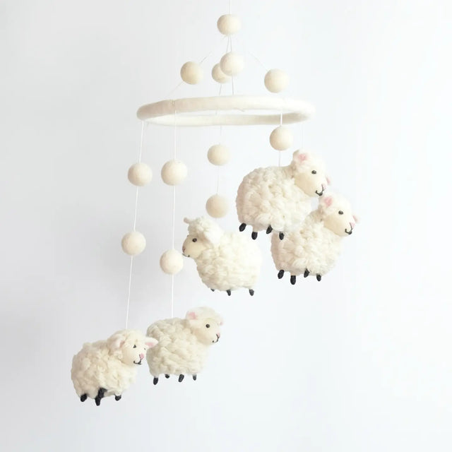 Felt Mobile | Sheep with handmade wool sheep figures hanging from a felt hoop, perfect nursery decor and baby gift.