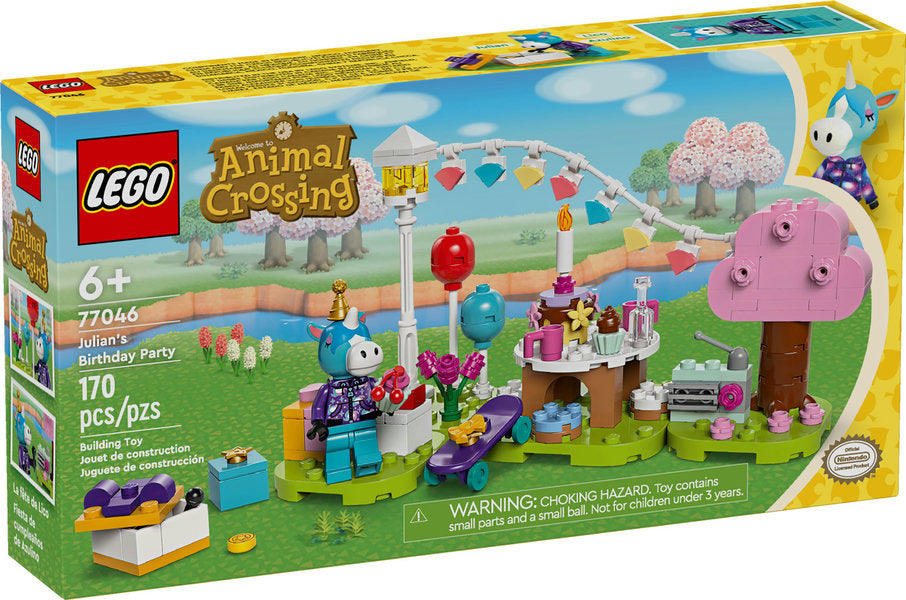 LEGO Animal Crossing Julian's Birthday Party set with minifigure, tree, balloons, cake, and decorative base plates for creative play.