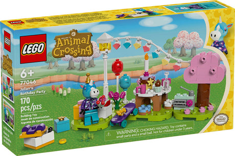 LEGO Animal Crossing Julian's Birthday Party set with minifigure, tree, balloons, cake, and decorative base plates for creative play.