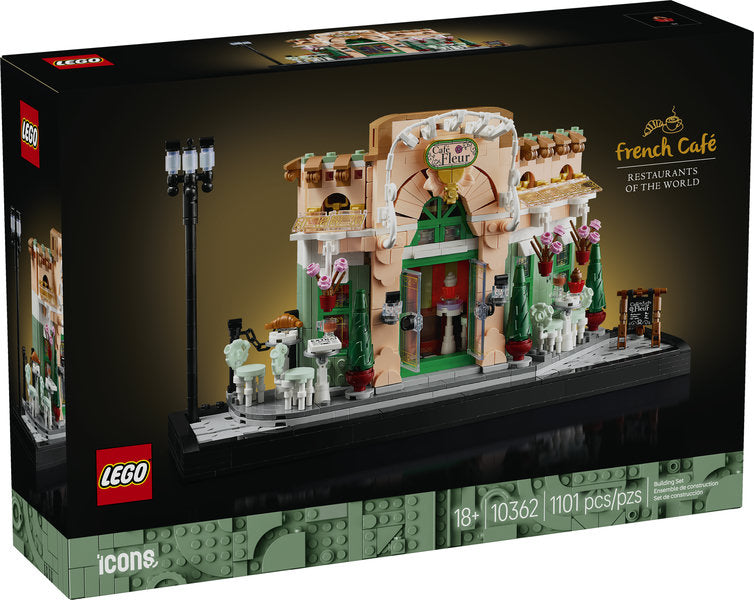 LEGO Icons French Café building kit with detailed French bistro facade, sidewalk, streetlight, and cozy interior decor.