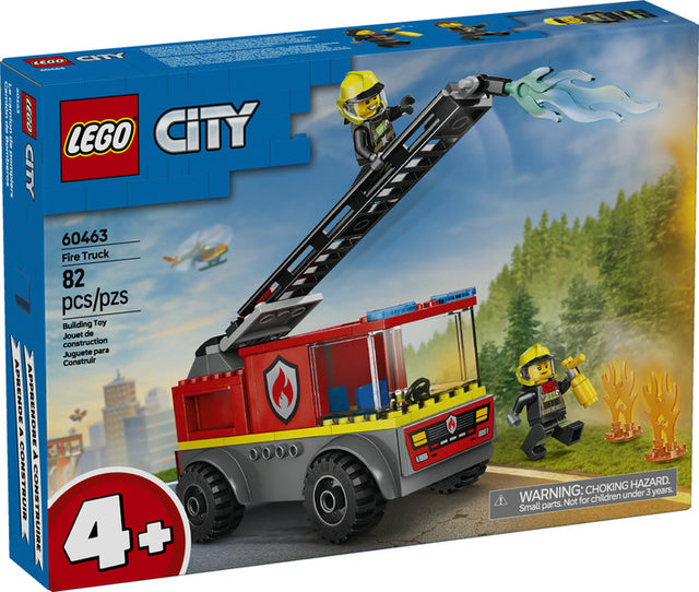 City Fire Ladder Truck LEGO set with raisable ladder, firefighter minifigures, and flicker flames for imaginative play.