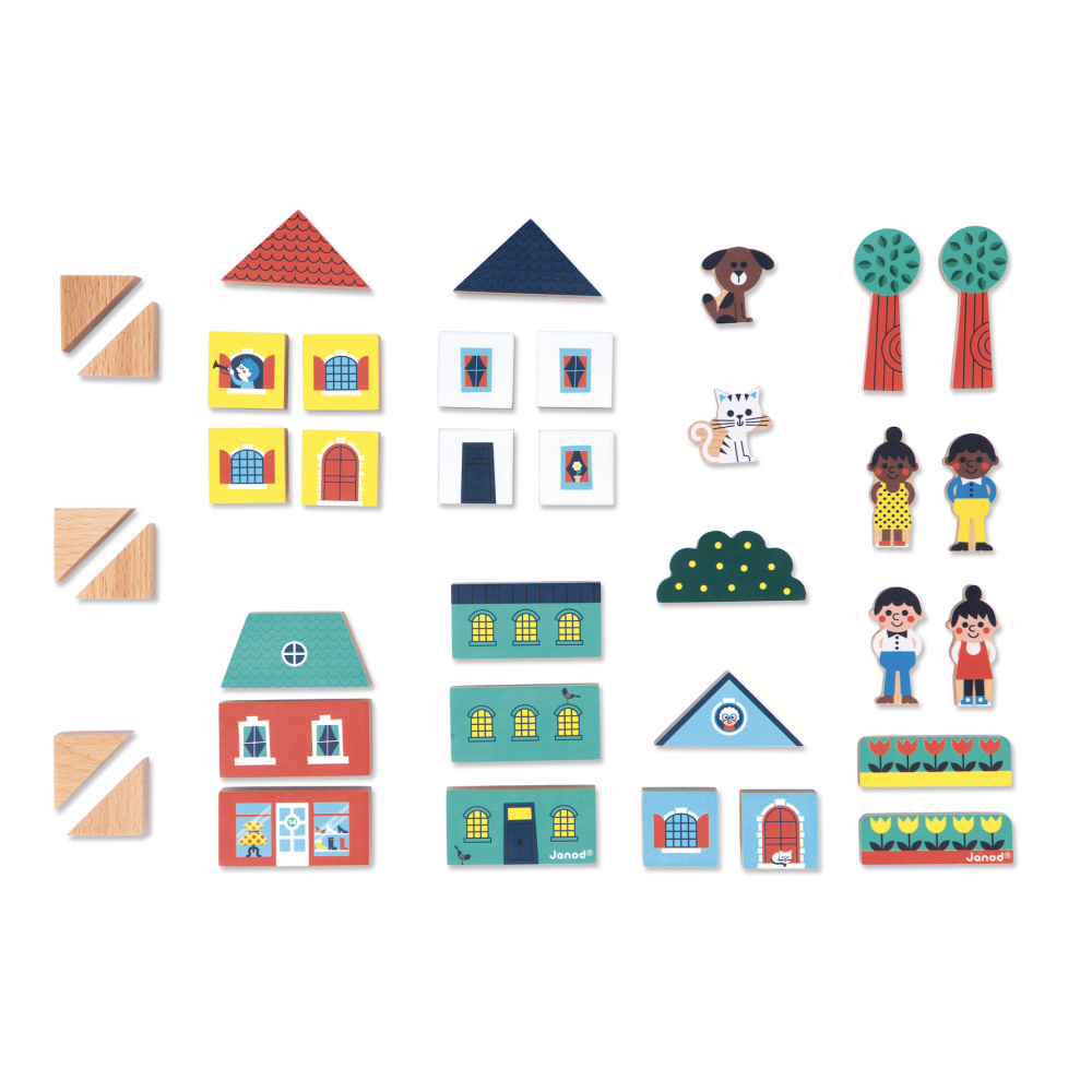 Crossroads City Building Blocks wooden set with colorful house parts, roofs, windows, characters, animals, and trees for kids.