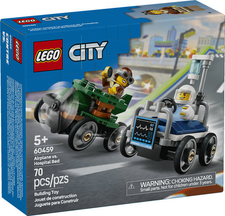 City Airplane vs Hospital Bed Race Cars with two soapbox race cars and minifigures for kids 5+ in LEGO City set.