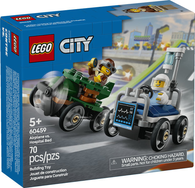 City Airplane vs Hospital Bed Race Cars with two soapbox race cars and minifigures for kids 5+ in LEGO City set.