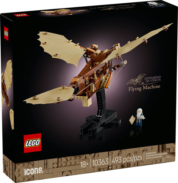 LEGO Icons Leonardo da Vinci's Flying Machine model with textile wings and display stand including mini Leonardo figure.