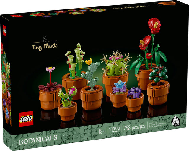 Botanicals Tiny Plants LEGO set with nine buildable floral models in terracotta pots for elegant home decor.