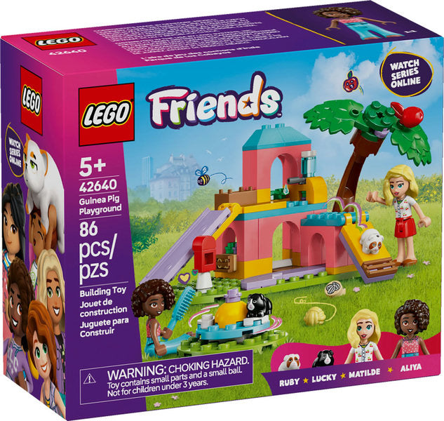 LEGO Friends Guinea Pig Playground playset with minidolls, guinea pig figures, slide, and accessories for kids 5+.