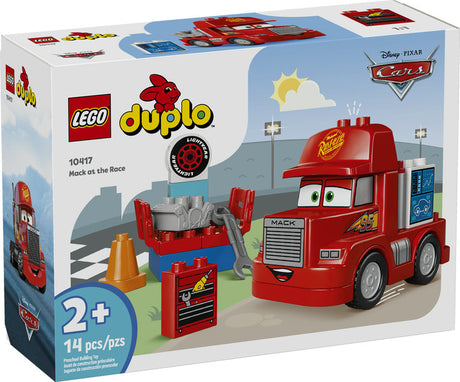 LEGO Duplo Mack at the Race set with buildable Mack truck, tuning station, engine, and cone for toddlers 2+ years.