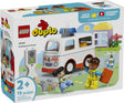 Duplo Ambulance & Driver toddler toy with drivable ambulance, paramedic and girl figures for imaginative rescue play.