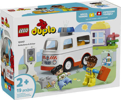 Duplo Ambulance & Driver toddler toy with drivable ambulance, paramedic and girl figures for imaginative rescue play.