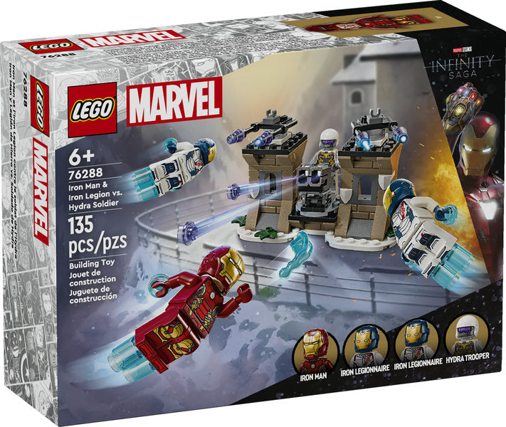 Super Heroes Marvel Iron Man & Iron Legion vs Hydra Soldier LEGO set featuring flying Iron Man and Hydra Trooper minifigures.