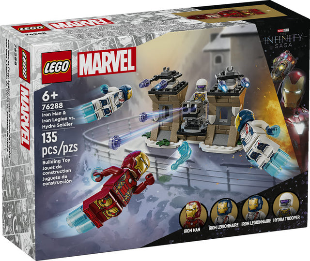 Super Heroes Marvel Iron Man & Iron Legion vs Hydra Soldier LEGO set featuring flying Iron Man and Hydra Trooper minifigures.