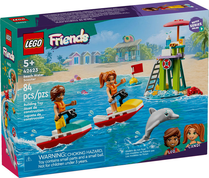 LEGO Friends Beach Water Scooter set with 2 mini dolls riding scooters near lifeguard tower and dolphin toy.