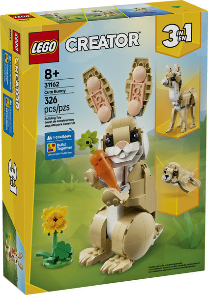 LEGO Creator Cute Bunny set featuring a posable bunny with sunflower and carrot, plus llama and seal builds.