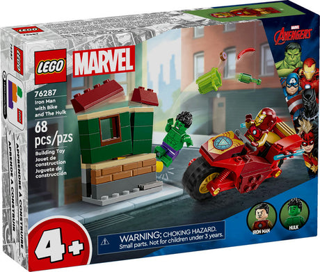 LEGO Super Heroes Marvel Iron Man with Bike and The Hulk playset with buildable house and minifigures.