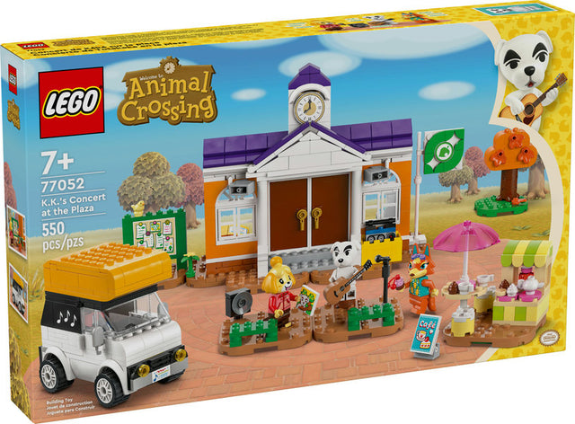 LEGO Animal Crossing K.K.'s Concert at the Plaza building set with minifigures, camper, and town hall details for ages 7+