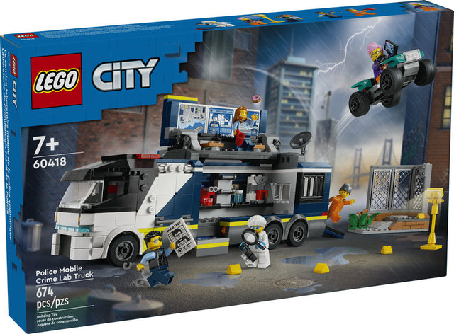 LEGO City Police Mobile Crime Lab Truck playset with crime lab, minifigures, quad bike, and forensic scene for ages 7 and up