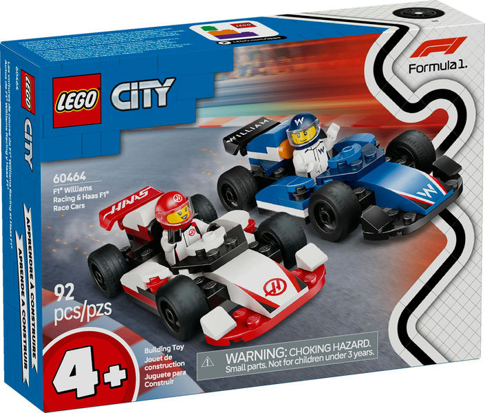 LEGO City F1 Williams Racing & Haas F1 Race Cars set with two detailed Formula 1 race car toys for kids ages 4 and up.