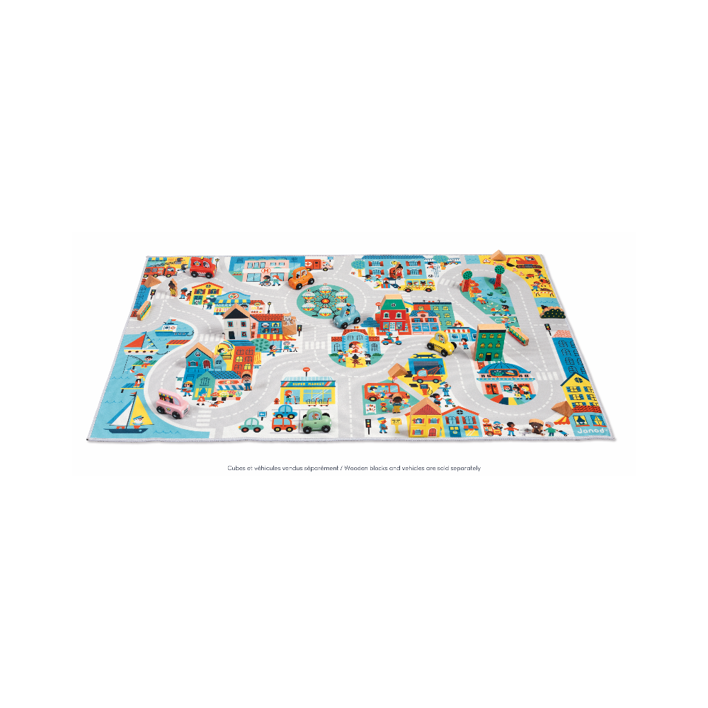 Crossroads City Play Mat featuring colorful streets, buildings, vehicles, and characters for imaginative urban play.